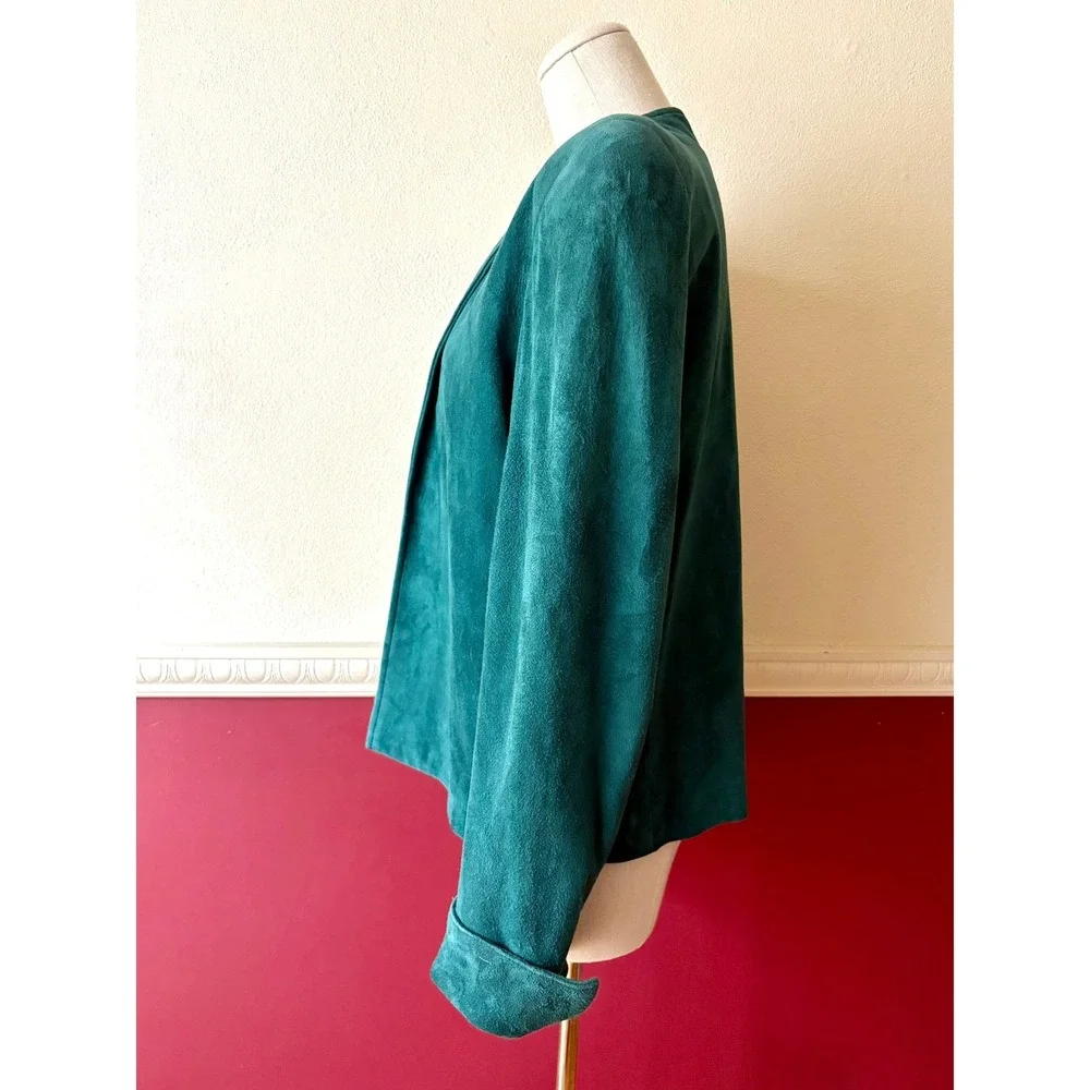 Vintage Talbots Teal Green Lamb Suede Leather Open Front Blazer Jacket 10 Pocket